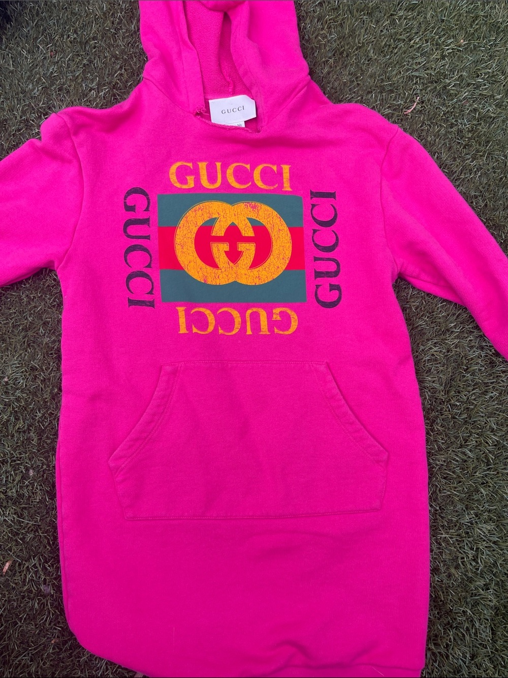 Gucci Kids Bright Pink Logo Hoodie Dress with Multicolor Emblem